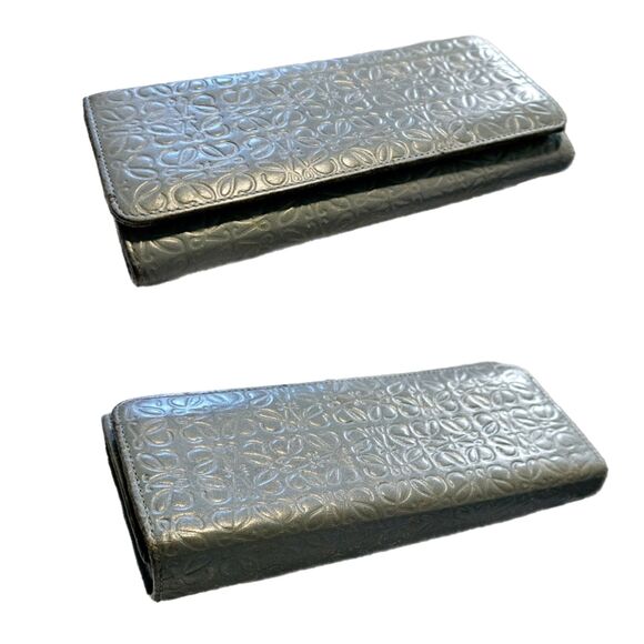 Loewe (Authentic) Slate Blue Anagram Embossed Leather Vintage Long Wallet, VGUC - Picture 3 of 12